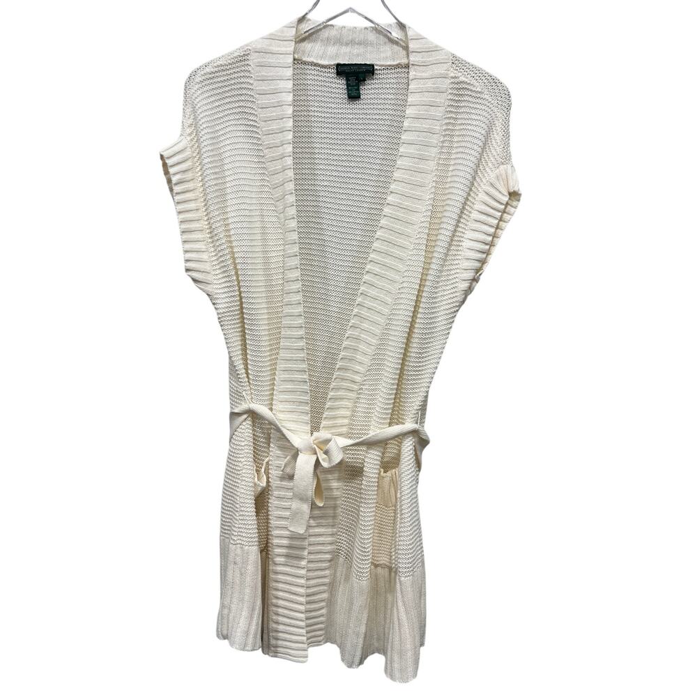 Vtg Lauren Jeans Co RL Open Knit Linen Blend‎ Cardigan Vest Size L Ivory